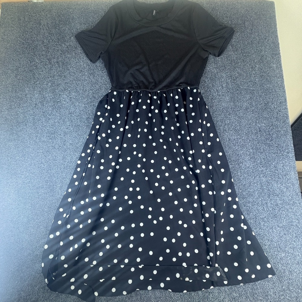 Zattcas Midi Dress Women Large Black White Polka Dot Stretch Ribbed Short Sleeve